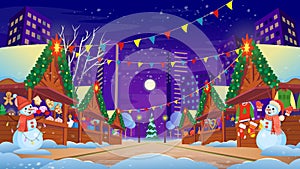 Christmas Market with lighting shopping traditional gifts, buying holiday food. Vector illustration in cartoon style. Christmas de